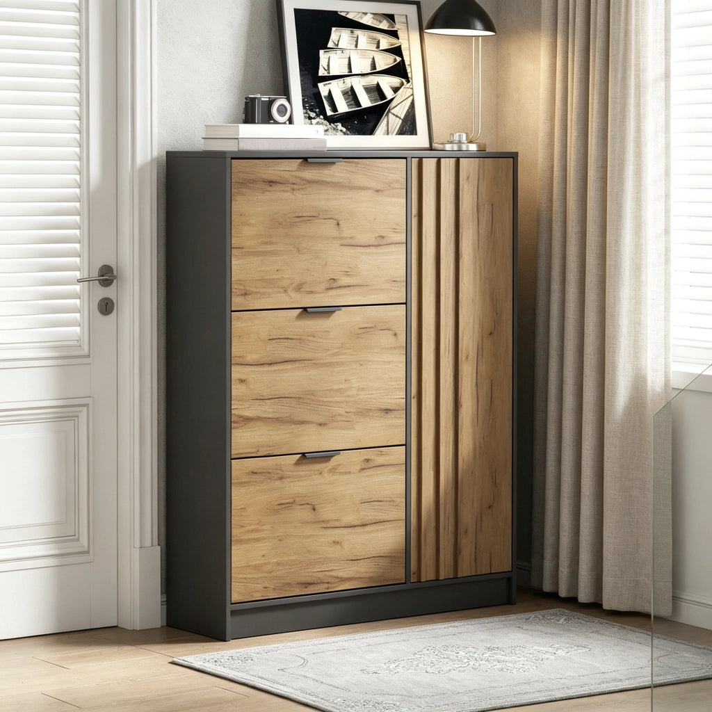 Scarpiera con 3 ante a ribalta e 1 vano con sportello, per ingresso, in MDF, naturale e nero, 100 × 30 × 130 cm