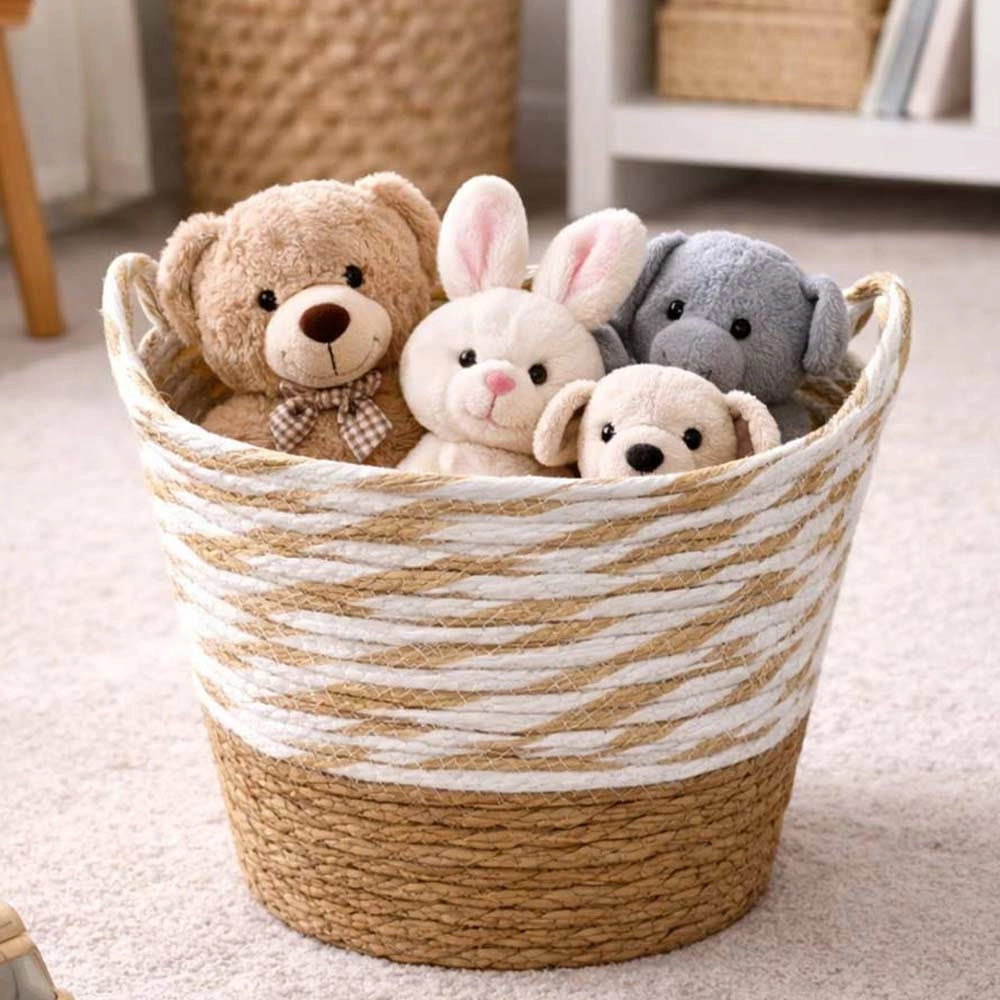 Cesti Portaoggetti Vimini e Corda Bianco Beige Maniglie cm 34 x34 x h30 Set da 3