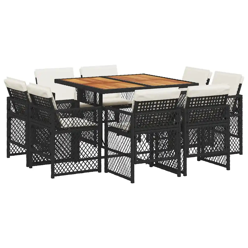 Set da Pranzo da Giardino 9 pz con Cuscini Nero in Polyrattan