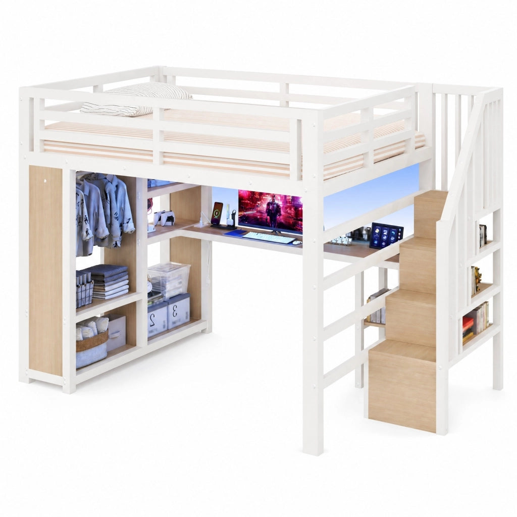 Letto a Soppalco 140x200 cm; LED; USB; Scrivania; Guardaroba; Scala; in Metallo; Bianco