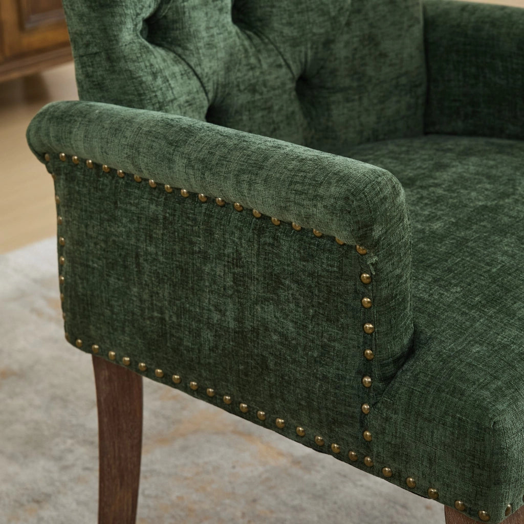 Sedia da pranzo, venduta singolarmente, tessuto chenille, gambe in legno massello, con braccioli, verde oliva