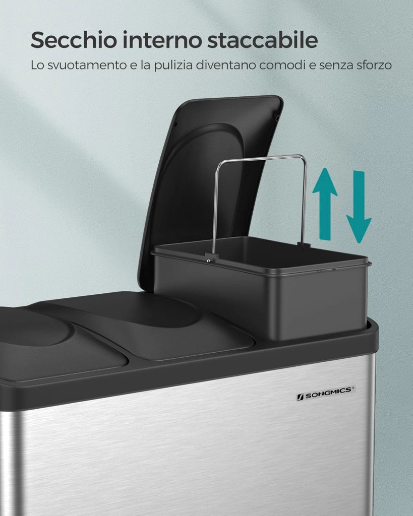 SONGMICS Cestino da Cucina, Pattumiera Tripla per Riciclaggio a Pedale, Metallico da 45 Litri, Raccolta Differenziata, 3 x 15L, con Coperchio, Acciaio, Argento Metallico e Nero Inchiostro LTB45L