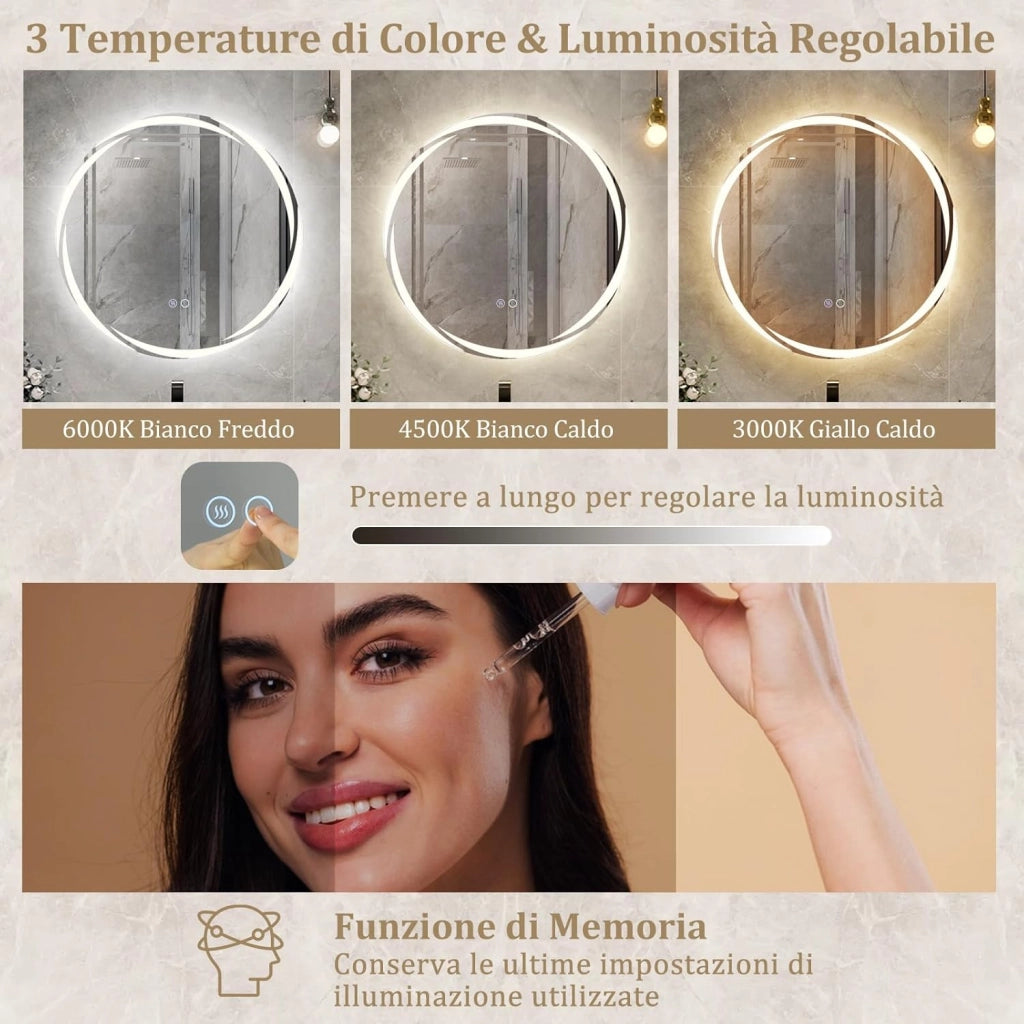 Specchio da Parete 60 x 60cm, Specchio da Bagno Rotondo con Luci Led a 3 Colori, Interruttore a Sfioramento Anti-Appannamento, Funzione di Memoria e Motivo a Onda, IP44
