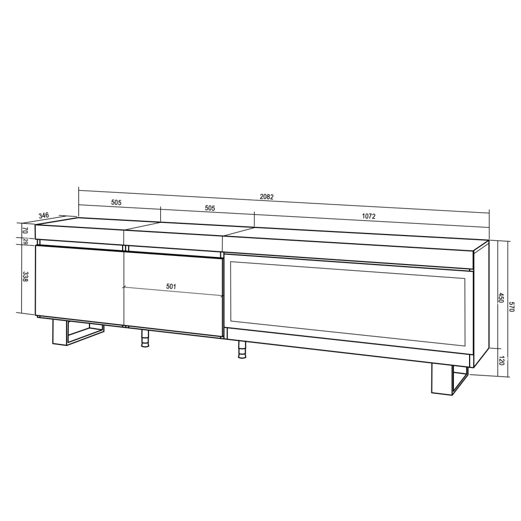 Mobile TV Soggiorno, 208x35x57cm, Per TV fino a 80", Camino elettrico XXL, Design industriale, grigio cemento RF3212