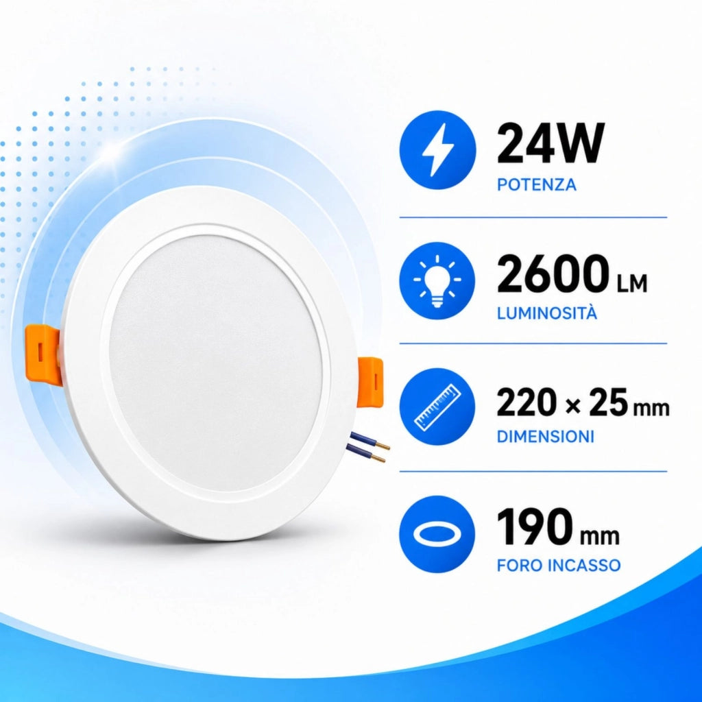 Faretto Led da Incasso CCT 24W 2600lm, D220X25mm, Foro 190mm, 3 Colori 3000K 4200K 6500K Angolo 120° IP20