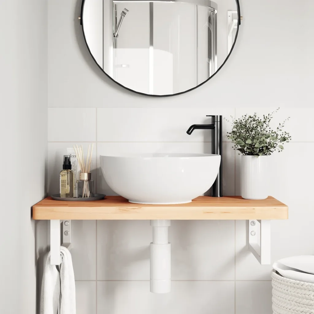 Ripiano a Parete per Lavabo in Acciaio e Massello di Faggio 3302372