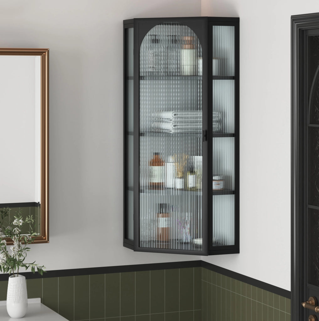 Mobile pensile a parete con 4 ripiani; 56 × 40 × 105 cm; metallo e vetro temperato; nero