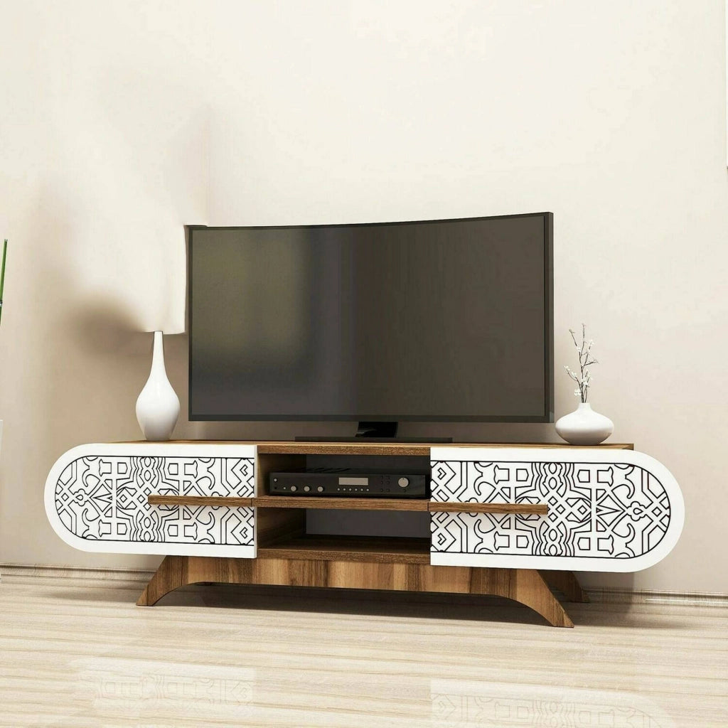 Mobile porta TV Matsu, Credenza da soggiorno, Armadio basso per TV, Base parete attrezzata, 145x37h37 cm, Noce e Bianco