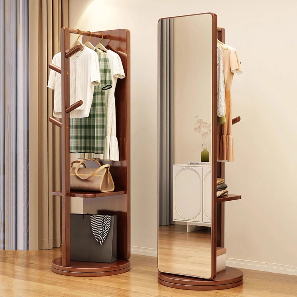 Specchio a Figura Intera con attaccapanni Specchio da Pavimento in Legno Girevole a 360° per Camera da Letto e Soggiorno