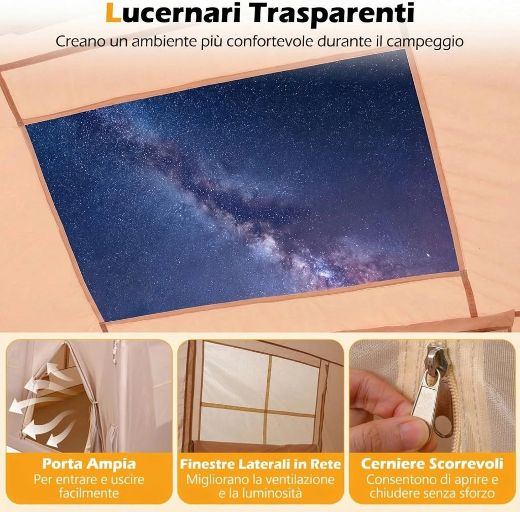 Tenda da Campeggio Gonfiabile per 4-6 Persone, Tenda Portatile da Esterno con Pompa, Porte e Finestre in Rete, Picchetti, Cordini Antivento e Borsa per il Trasporto per Viaggi e Escursionismo