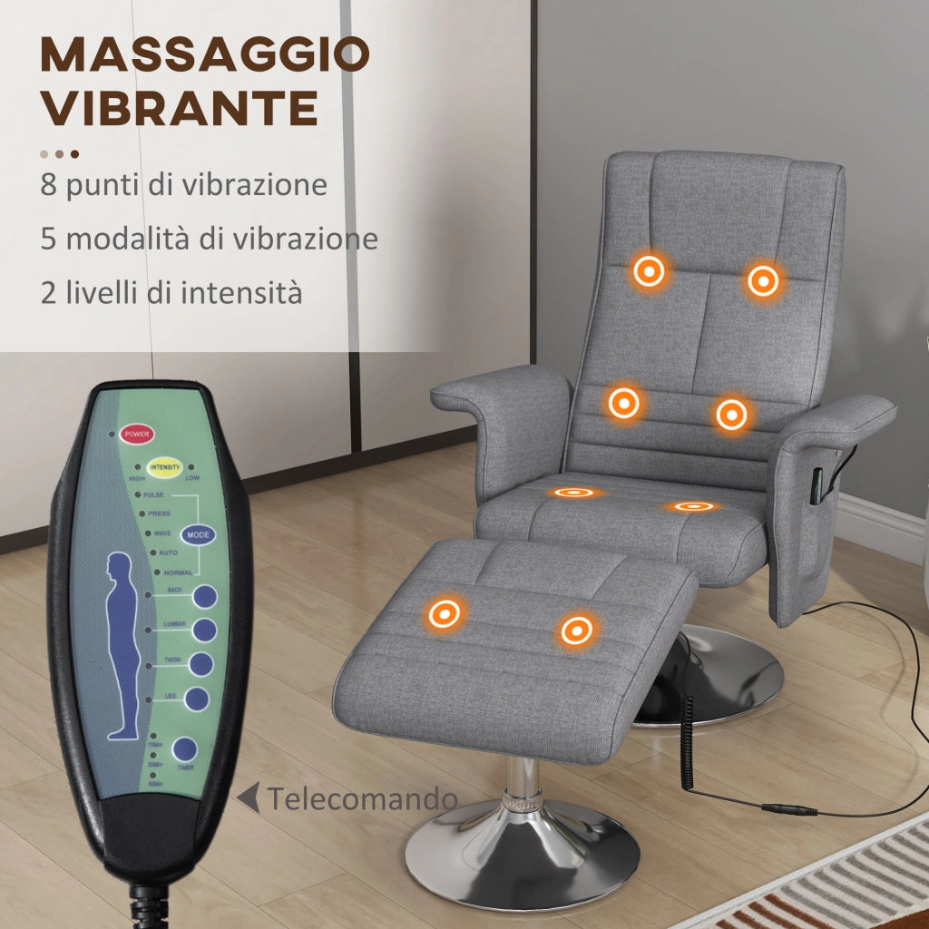 Poltrona Massaggiante e Reclinabile con Poggiapiedi 78x90x93 cm in Tessuto Effetto Lino Grigio Scuro