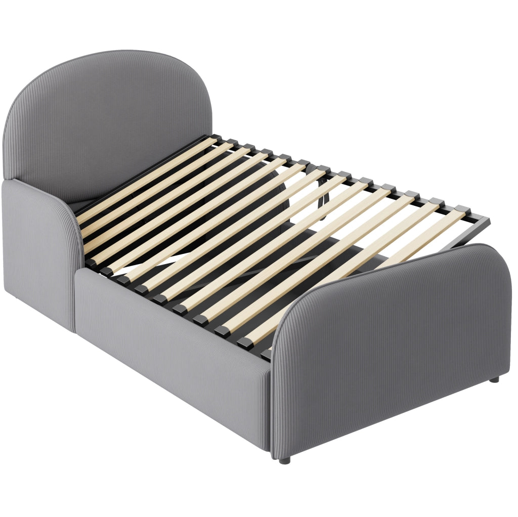 Letto imbottito 90x200 cm con contenitore idraulico; testiera alta in velluto grigio