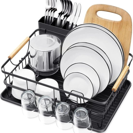 Afdriehouder peretta con maniglie in legno - Contenitore per coltelli e bicchieri rimovibile - Scarico per l'acqua sporca per cucina - Nero