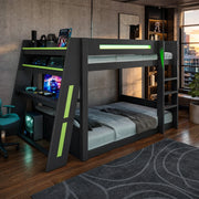 DESMIU Letto a castello 140 × 200 cm 2 posti con scrivania, USB, LED e ripiani, senza materasso, in legno e MDF, nero