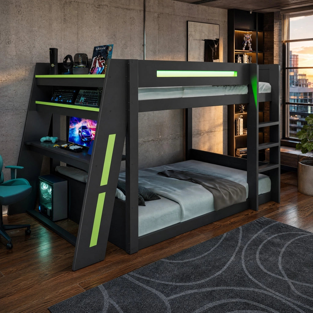DESMIU Letto a castello 140 × 200 cm 2 posti con scrivania, USB, LED e ripiani, senza materasso, in legno e MDF, nero