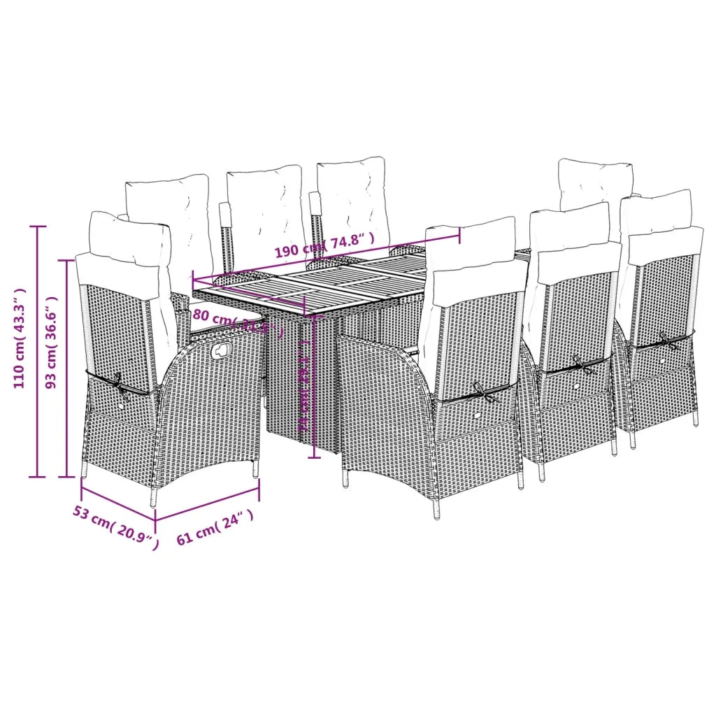 Set da Pranzo da Giardino 9 pz con Cuscini Nero in Polyrattan