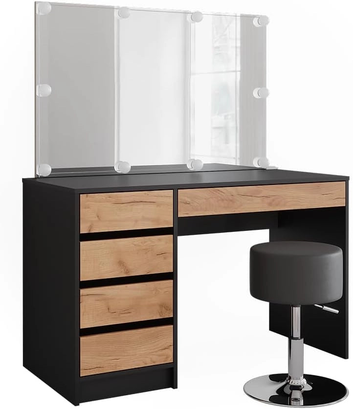 Vicco Tavolo da toilette Sherry, Antracite/quercia dorata, 120 x 75 cm con illuminazione a LED e sgabello