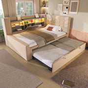 Letto imbottito 90x200 cm con letto estraibile, LED e porte USB in lino beige