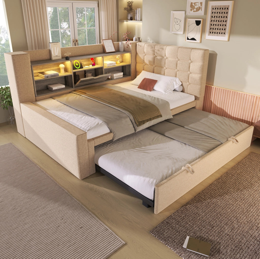 Letto imbottito 90x200 cm con letto estraibile, LED e porte USB in lino beige