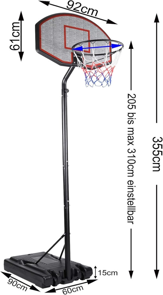 Canestro da Basket Mobile con Rotelle Altezza Regolabile 257-305cm con Base Set Cestino Partita Pallacanestro