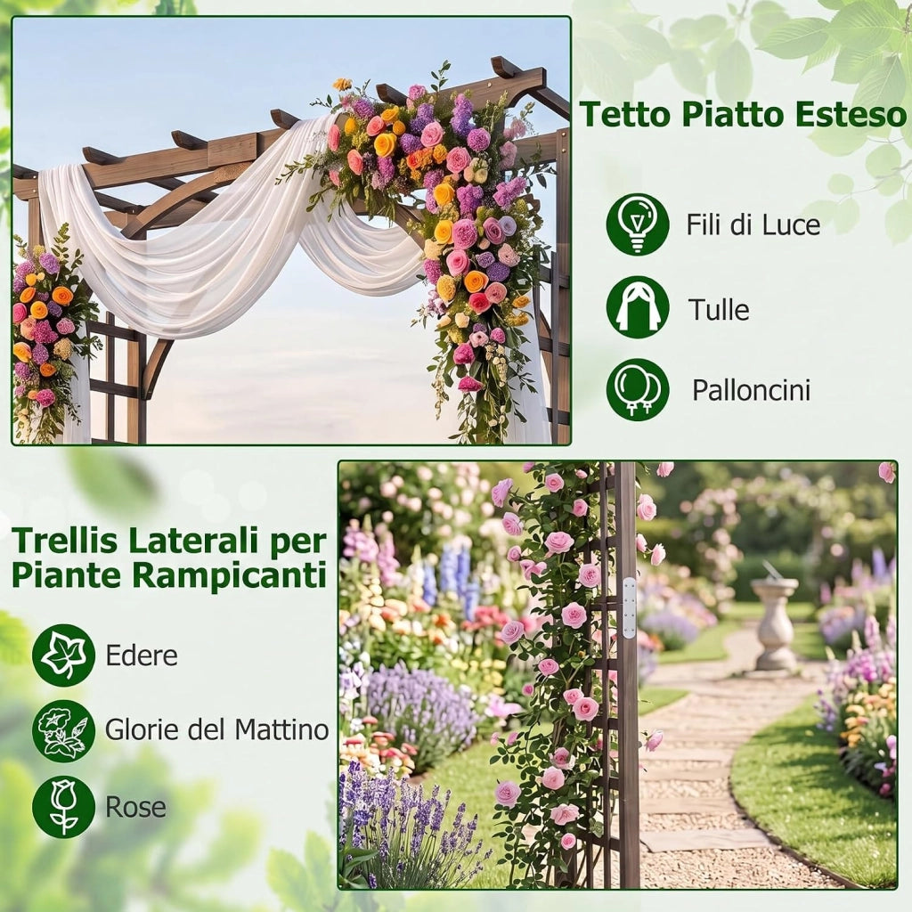Arco da Giardino, Pergolato per Rampicanti con Tetto Piatto | Pergola in Legno Massello da Ingresso, Viale e Cortile per Matrimonio e Evento, 160 x 60 x 216 cm