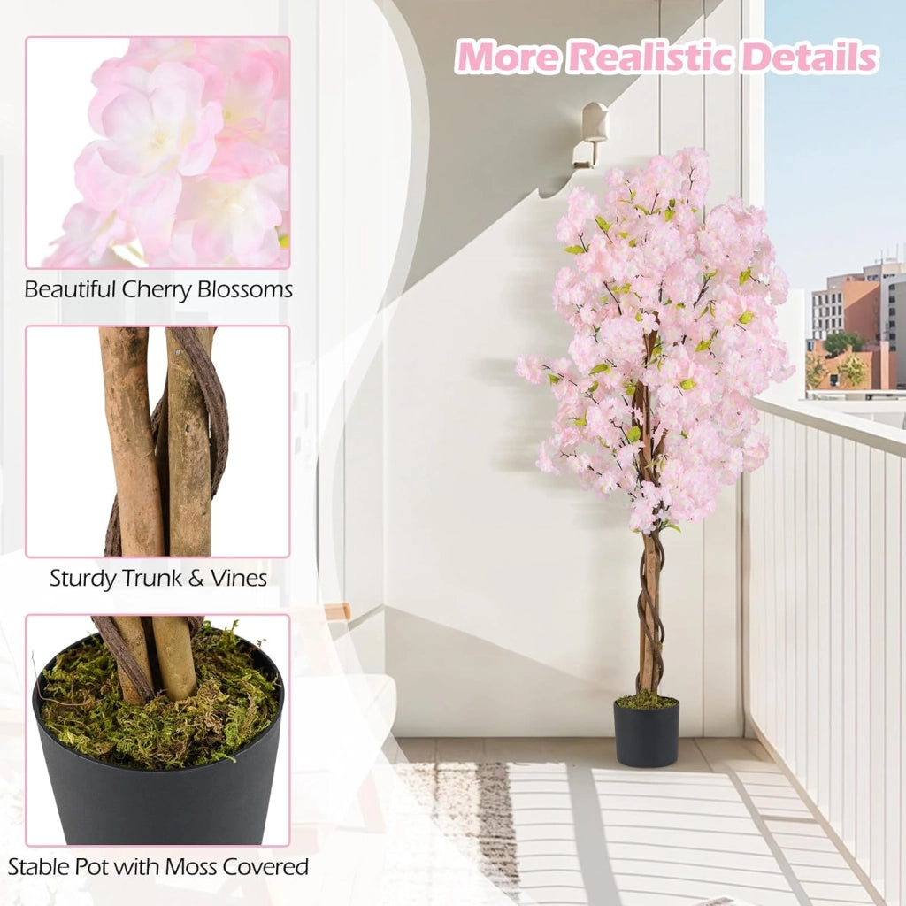 Set di 2 Piante Artificiali di Sakura, Pianta Artificiale 150 cm in Vaso, Falso Albero di Ciliegio con Fiori Rosa, Albero Artificiale Decorativo per la Casa