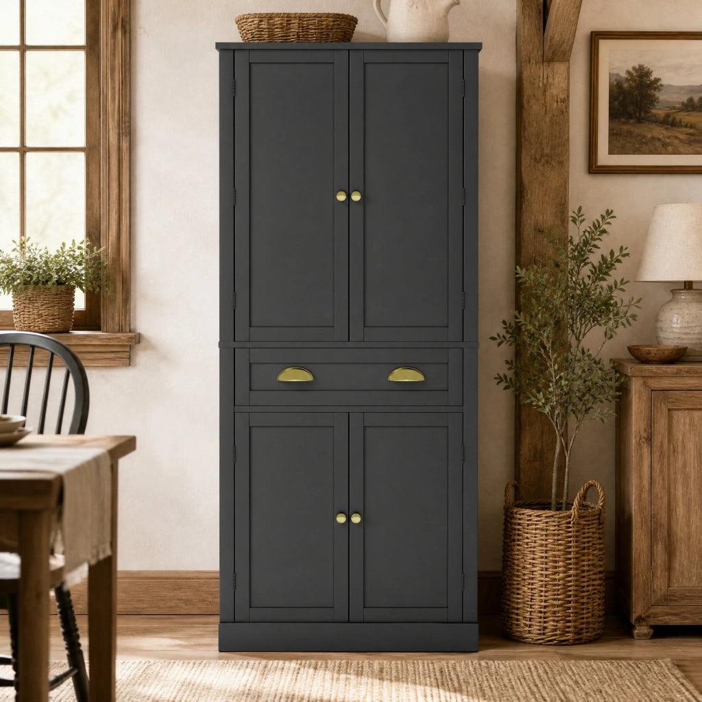 Mobile contenitore alto con 1 cassetto; 4 ripiani regolabili e 6 vani portaoggetti; nero; 80x40x182 cm