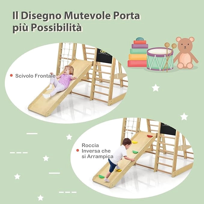 Set Arrampicata 8 in 1 per Bambini, Rocce da Arrampicata e Scala, con Scivolo Rete da Arrampicata, Barra Orizzontale, Centro attività di Legno per Bambini 3 Anni + (Stile 1 Naturale)