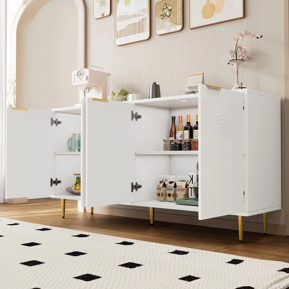 Credenza Soggiorno 4 Ante ¨C MINIMAL ¨C Bianco Lucido, Gambe Dorate, 160x80x40 cm
