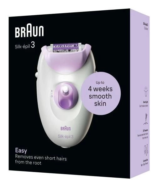 Braun SE3-000 Silk-épil 3 Epilatore 20 Pinzette Tecnologia MicroGrip 2 Velocita' Luce Integrata Rulli Massaggianti colore Viola Bianco
