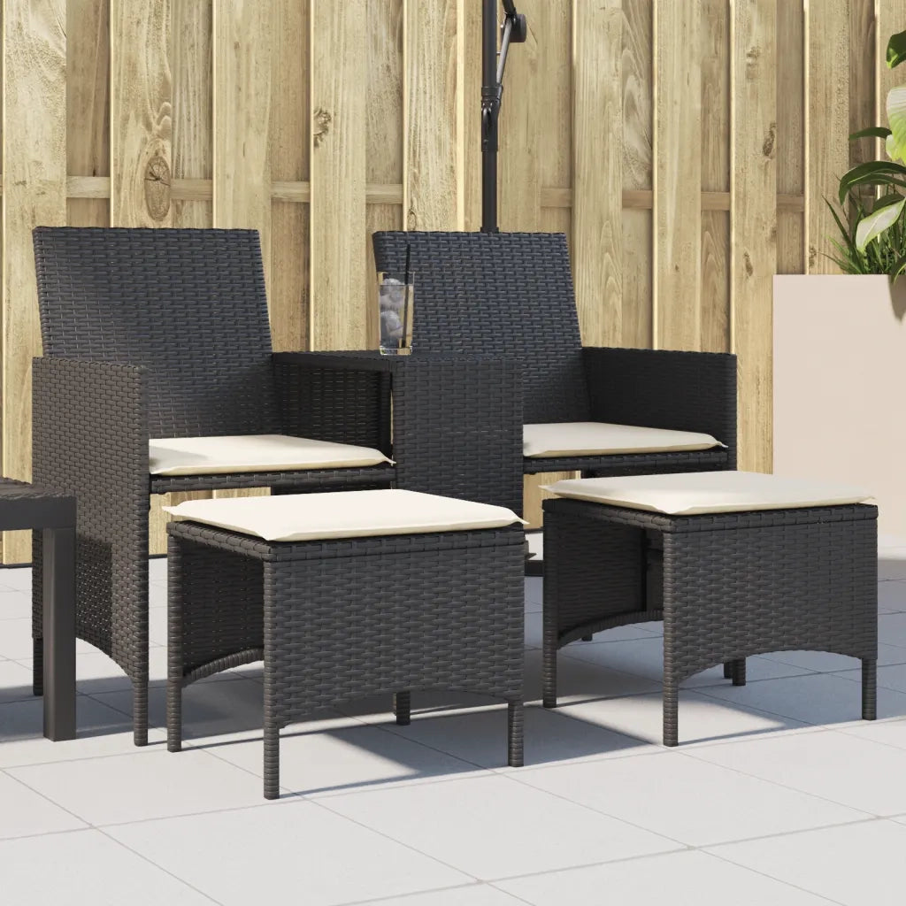 vidaXL Divano Giardino 2 Posti con Tavolo e Sgabelli Nero Polyrattan