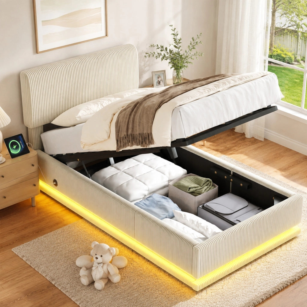Letto imbottito 90x200 cm con LED; USB-C; testiera regolabile in corduroy beige