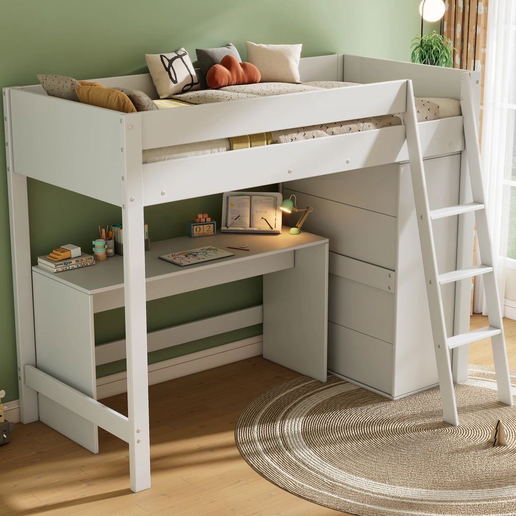 Letto a castello per bambini bianco con scrivania e armadio in legno massello 90x200 cm