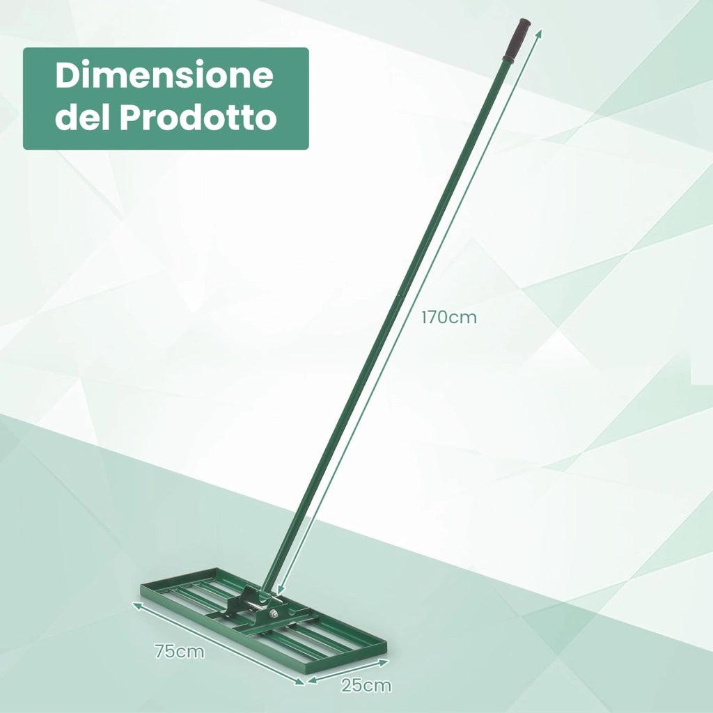 Rastrello Livellatore per Prato, Attrezzo per la Livellatura del Prato con Manico Ergonomico, Livellatrice per Giardino, Cortile, Campo da Golf, Fattoria e Pascolo (Verde 75 x 25 cm)