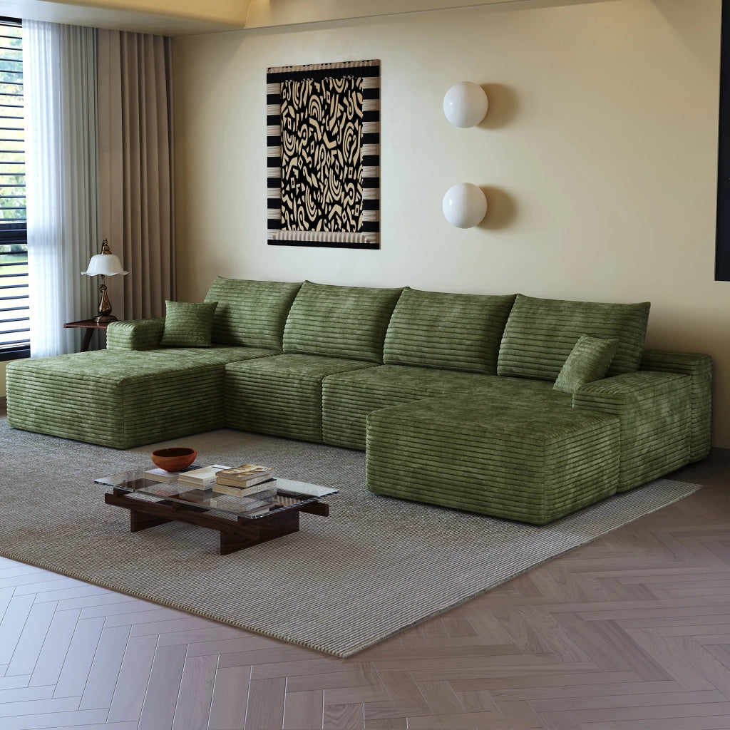 Divano angolare modulare con chaise longue a l seduta profonda senza montaggio per soggiorno in tessuto verde