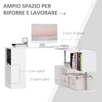 Scrivania Moderna, Angolare e Girevole con Libreria, Tavolo da Pranzo in Truciolato Bianco, 140x120x78 cm