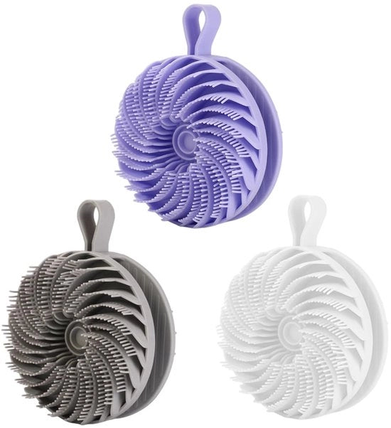 Set da bagno 3 in 1 con spazzole a setole doppie in silicone, spazzola per massaggi corpo morbida, esfolia la pelle delicata, igienico e sostenibile, universale, adatto per docce e bagni (grigio, bianco e viola).