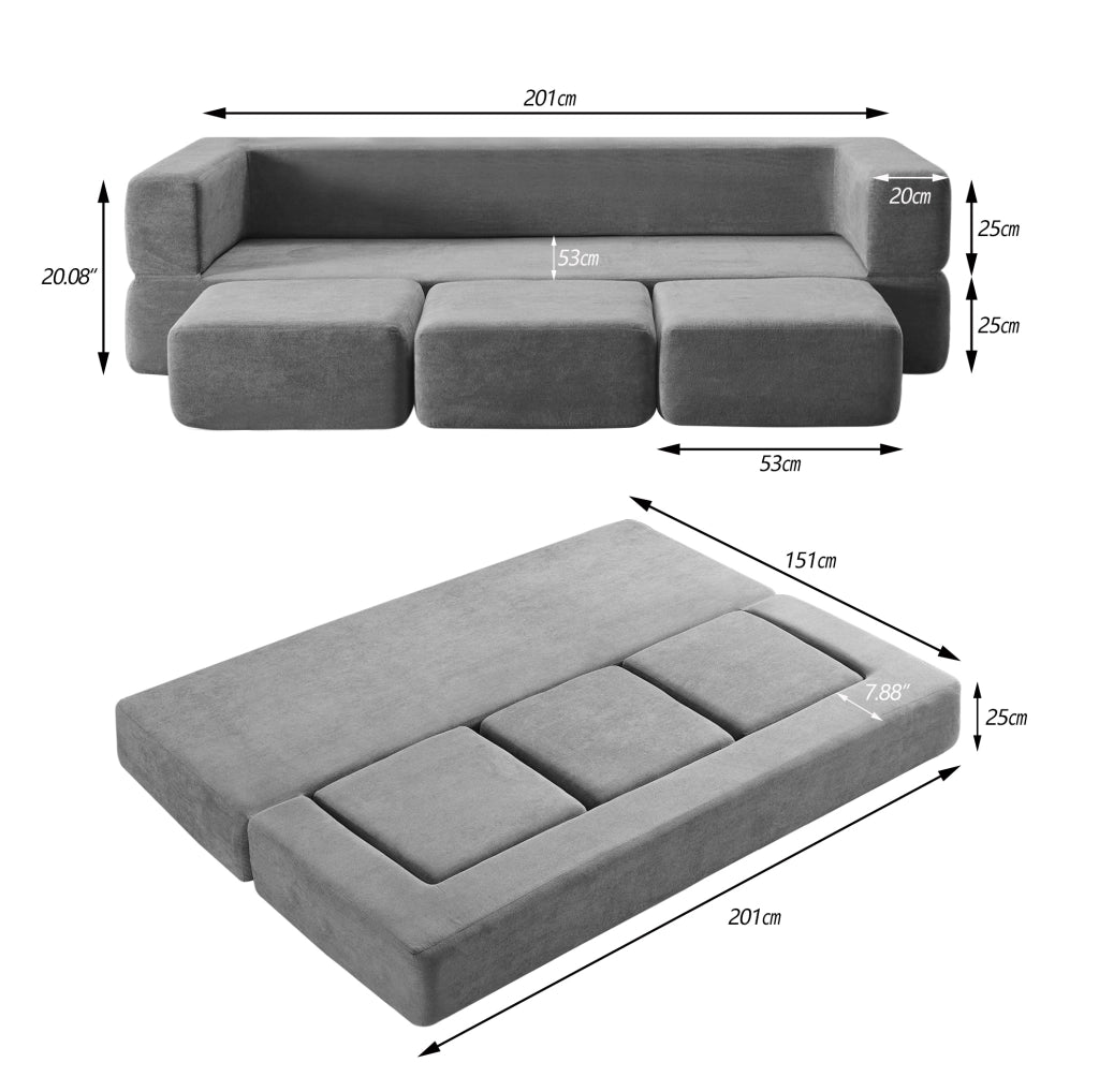 Divano letto modulare a pavimento in chenille grigio