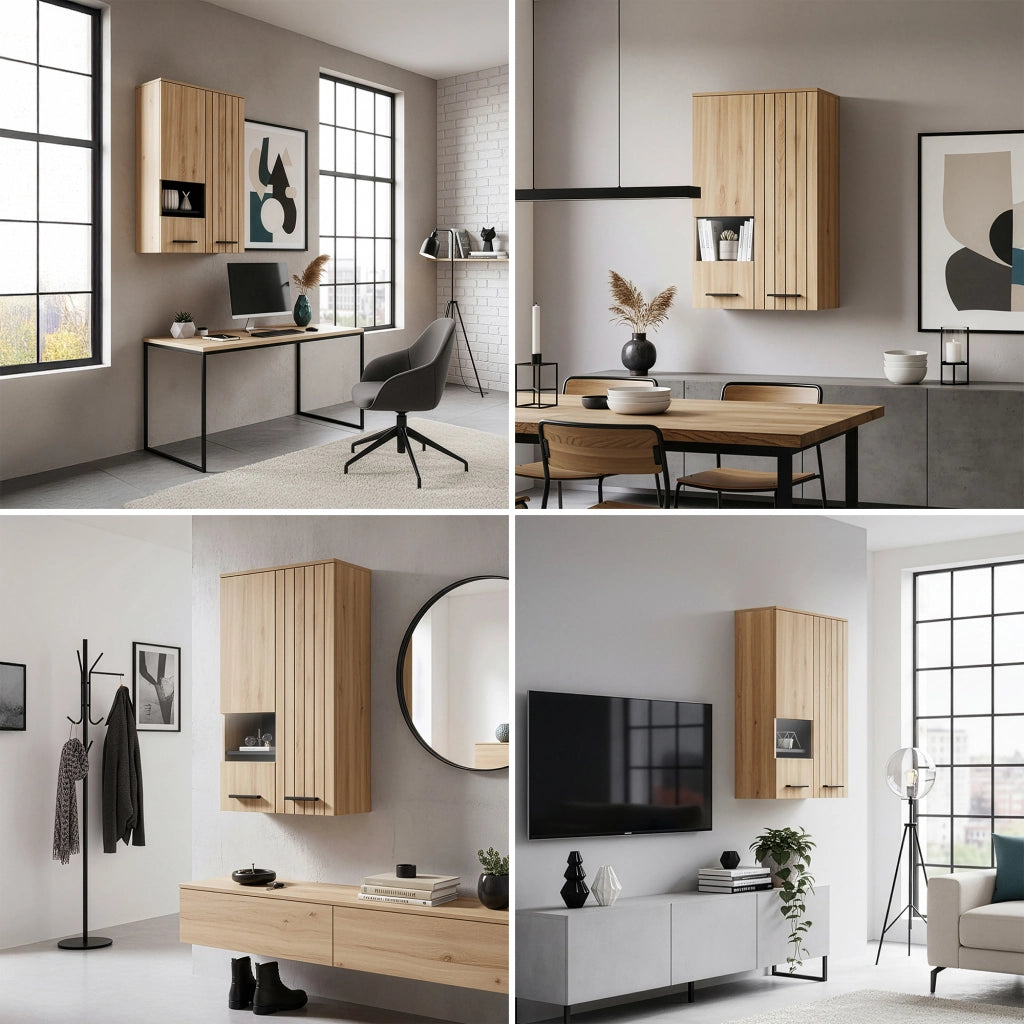 Mobile Pensile Noppen a Parete con 2 Ante e Finestrella 98 x 60 x 35 cm - Effetto Rovere [en.casa]