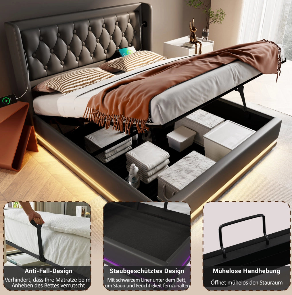 Letto matrimoniale 140x200 cm con materasso, LED e USB-C