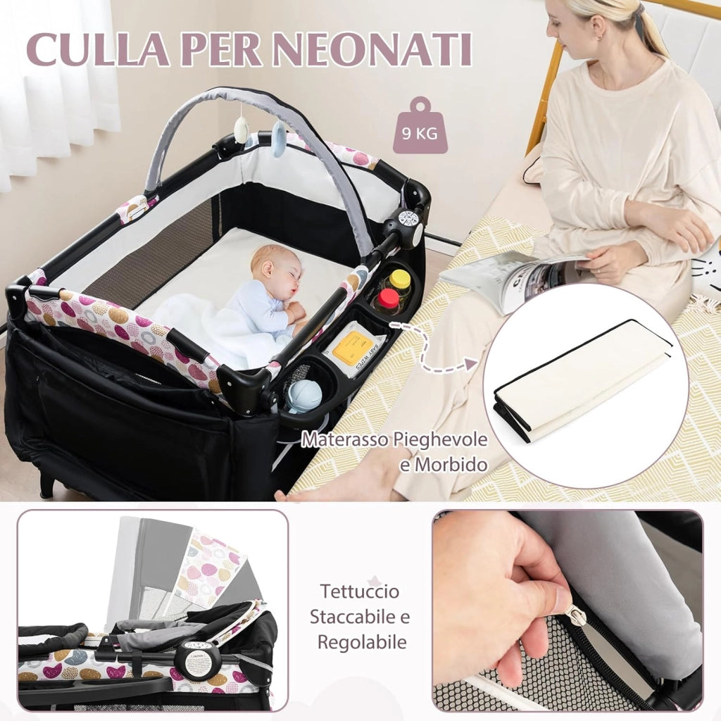 4 in 1 Lettino da Campeggio con Fasciatoio, Lettino Pieghevole per Bambini con Materasso, Centro Neonati con Culla, Box Musicale, Cappottina Regolabile, Borsa da Viaggio (Cuore)