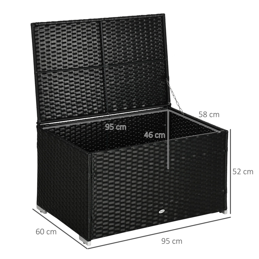 EasyComfort Baule da Giardino in Rattan e Acciaio con Coperchio, 95x60x53cm, Nero
