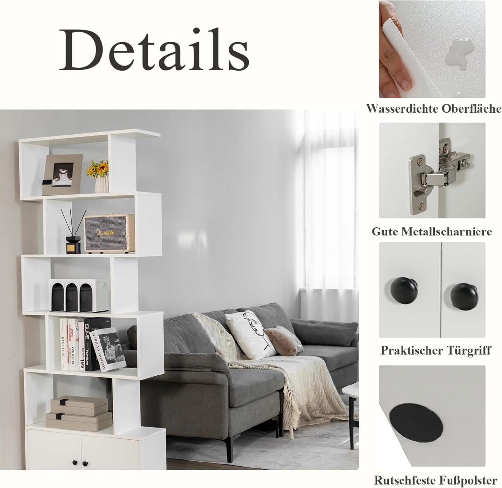 Scaffale Libri, 6 Livelli Ripiani con Ante, Minimalismo, Scaffale in Legno Industriale, Organizzatore di Libri, per Salone, Studio e Ufficio, 70 x 23 x 183 cm (Bianco)
