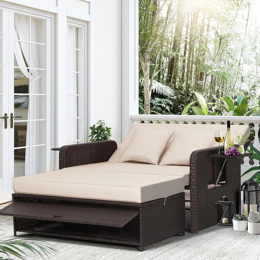 Divano da Giardino in Rattan con Poggiapiedi, Doppio Divano da Esterno con Schienale Regolabile, Mobili da Giardino per Terrazza, Balcone, Cortile, Marrone
