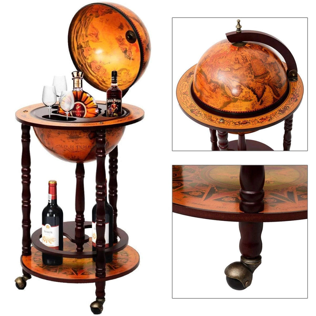 Mappamondo Bar con Ruote Mobile Porta Liquori, con Stile retrò, Marrone, 88 x 45 x 45 cm