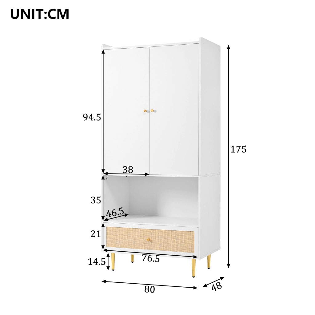 Armadio con 2 ante, cassetto in rattan e asta appendiabiti, per camera da letto e soggiorno, bianco, 80 × 48 × 175 cm