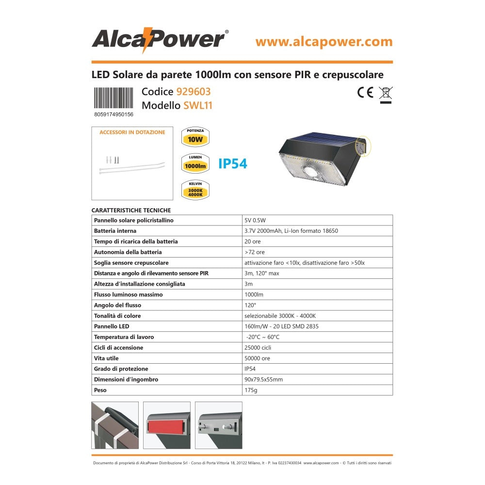 Alca power lampada proiettore solare da parete 20 led da 0,5w 1000 lumen