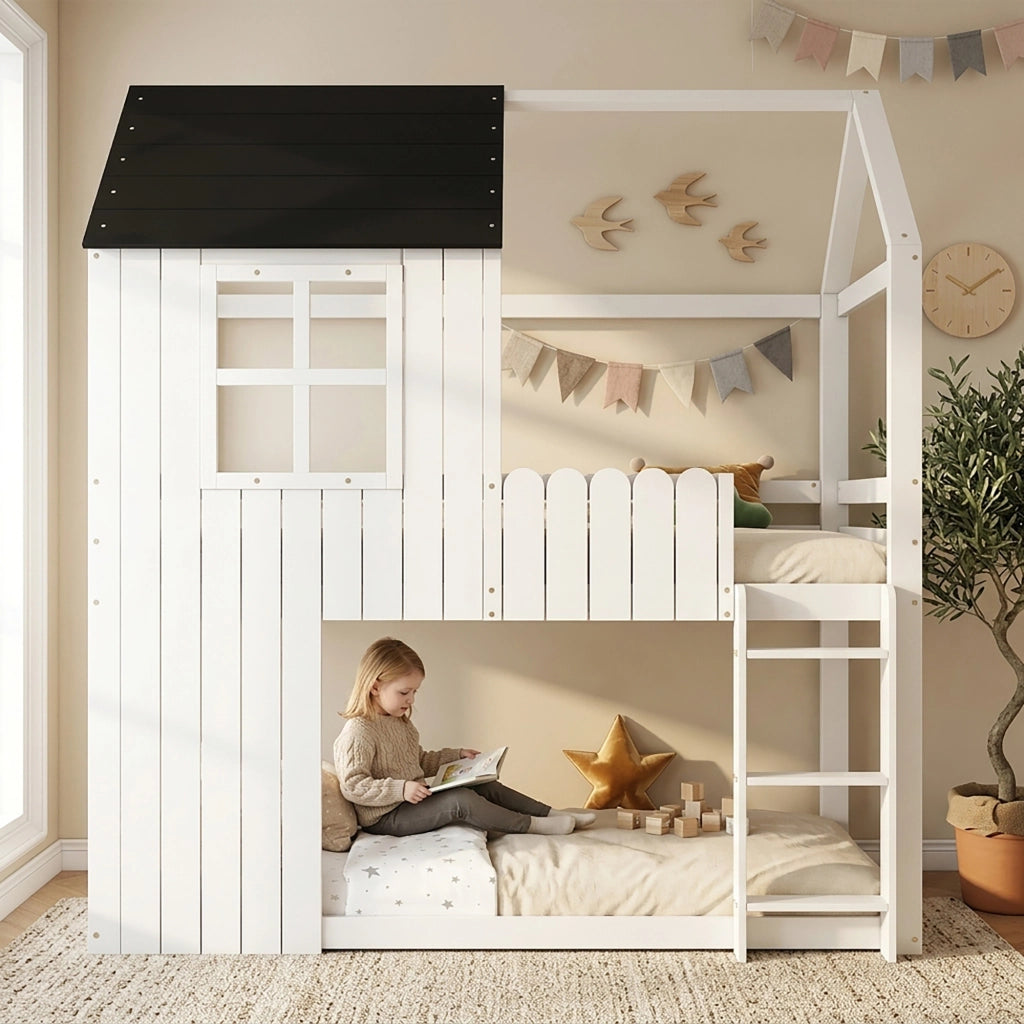 Letto a Soppalco 90x200 cm - Scala a 3 Gradini e Recinzione - in Legno - Bianco e Nero