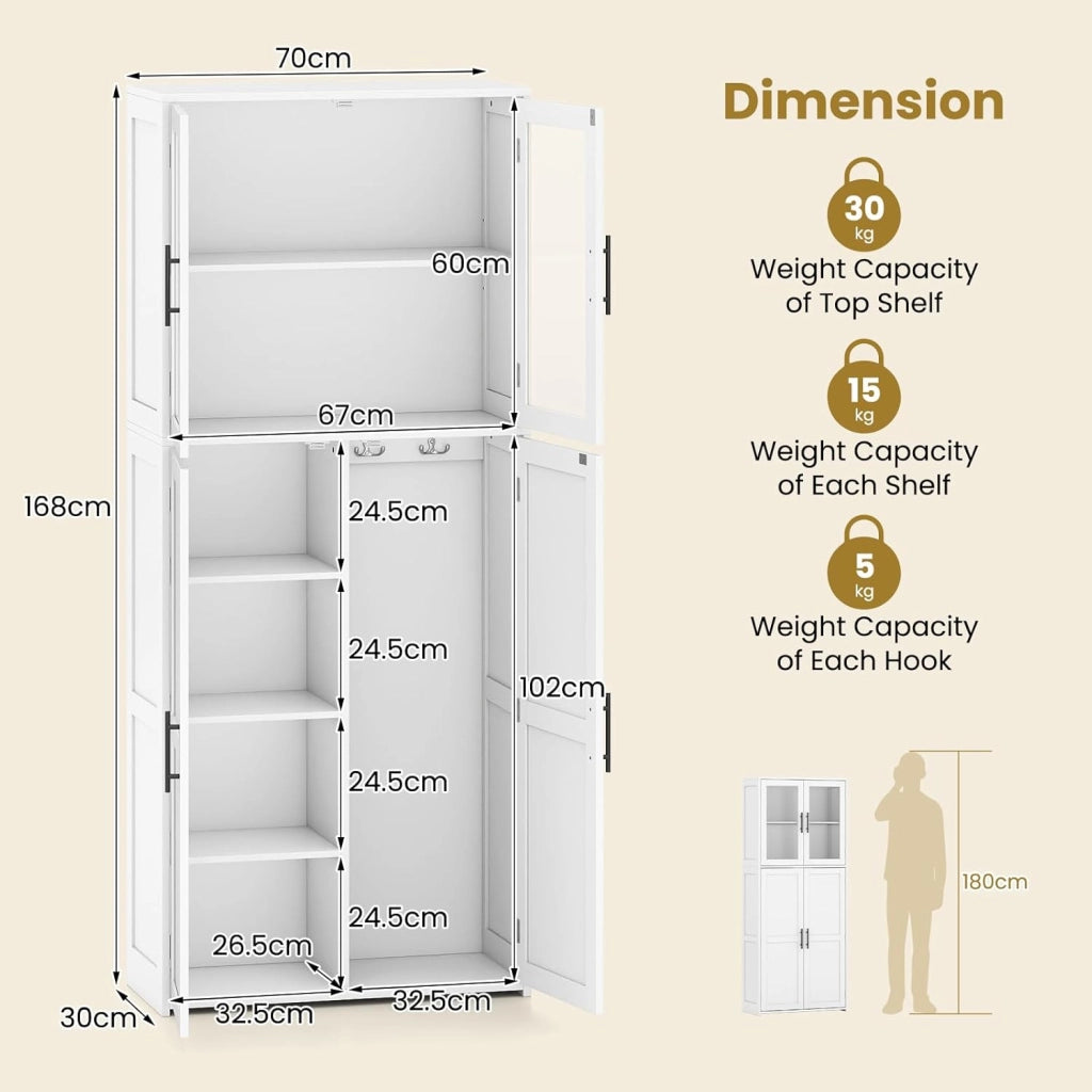 Armadio alto da bagno, colonna bagno, 4 ante, ripiani regolabili e 2 ganci, mobile moderno per cucina, soggiorno, 70 x 30 x 168,5 cm, bianco