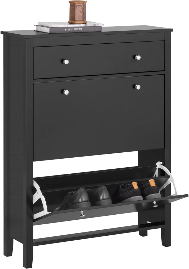 Scarpiera Salvaspazio Slim Ingresso con 2 Ribalte e Cassetto – Mobile Scarpiera Grigio Moderna per Corridoio Stretto, MDF E1, 80x25x108cm, FSR89-HG